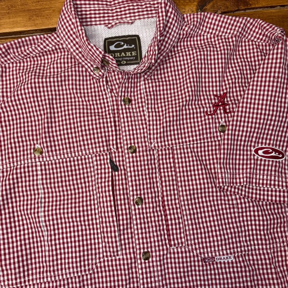 Drake Waterfowl Alabama Crimson Tide Fishing‎ Shirt Mens Small Red Gingham SS